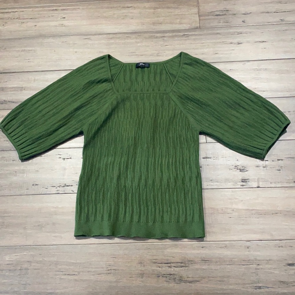 J crew square neck balloon sleeve fitted sweater shirt ribbed in green m0097